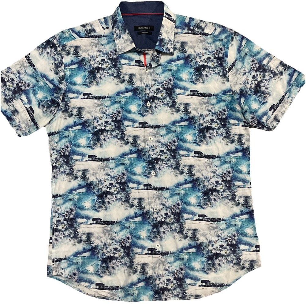 Bugatchi Shaped Fit Men's Button Up Short Sleeve Shirt Size Large Boat Water